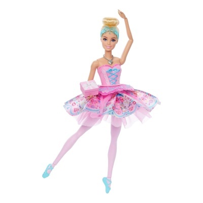 Boneca bailarina com vestido colorido segurando presente