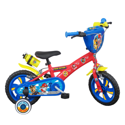Bicicleta infantil vermelha, azul e amarela com temática Paw Patrol