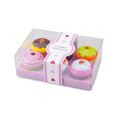 Caixa transparente com seis cupcakes de madeira decorados e etiqueta Cupcake Assortment