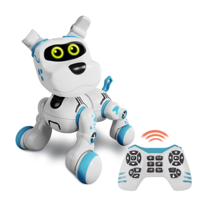 Robô cão branco com detalhes azuis e controle remoto em fundo branco