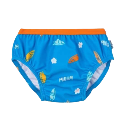 Calção de banho azul com padrão de pranchas e texto ALOHA