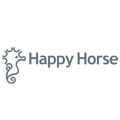Logotipo da Happy Horse com texto e desenho de cavalo-marinho
