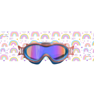 Óculos de natação rosa e azul com lentes espelhadas em fundo colorido com arco-íris