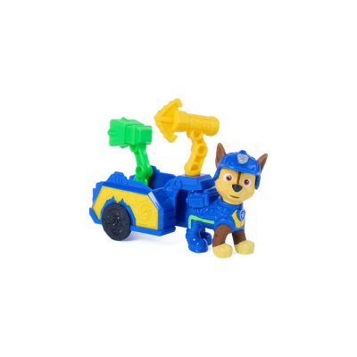 Figura de cão com capacete e carrinho azul e amarelo com armas de brinquedo.