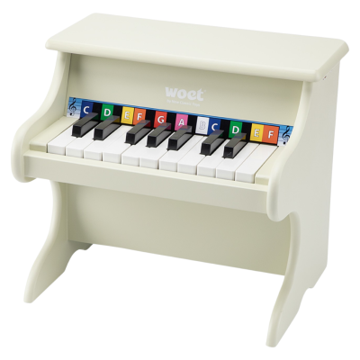 Mini piano elétrico infantil branco creme com teclas coloridas e decoração musical.