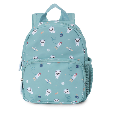 Mochila azul clara com padrão de astronautas e foguetes