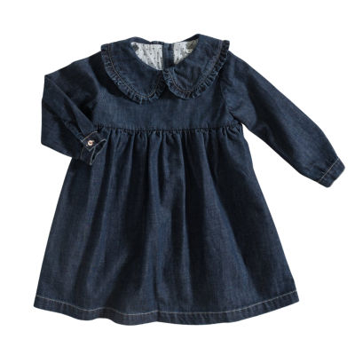 Vestido infantil azul jeans com gola redonda franzida e punhos com botão