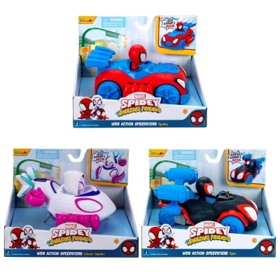 Brinquedos de carros Marvel Spidey Amazing Friends em embalagens com bonecos Spider-Man, Ghost-Spider e Spin