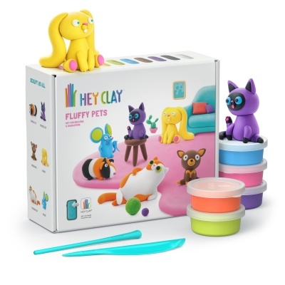 Kit Hey Clay Fluffy Pets com massas coloridas e figuras de animais em massa