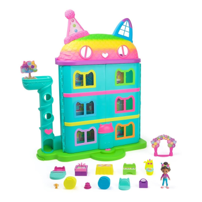 Casa brinquedo colorida com acessórios e figura pequena em plástico