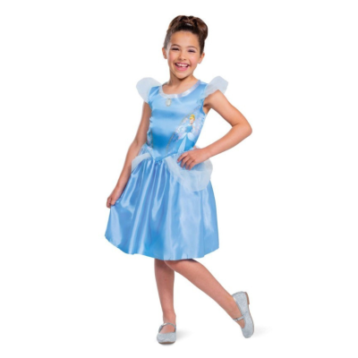 Vestido azul de criança com estampa da Cinderela e sapatos prateados