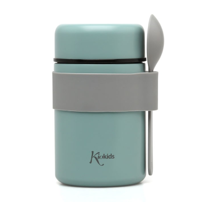 Garrafa térmica azul claro com faixa e colher cinzentas