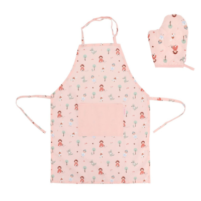Avental e luva rosa com padrão de figuras humanas e elementos naturais coloridos