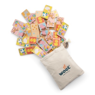 Peças de dominó de madeira com imagens de animais da quinta e saco de pano WOET