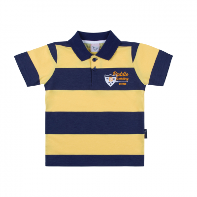 Camisola polo infantil às riscas amarelas e azul escuro com estampado no peito