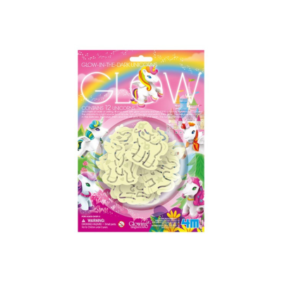 Pacote de autocolantes de unicórnios que brilham no escuro com fundo colorido e texto GLOW