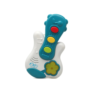 Brinquedo infantil de plástico em formato de guitarra com botões coloridos