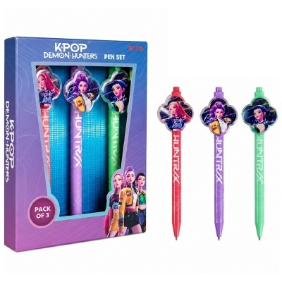 Conjunto de 3 canetas K-POP DEMON HUNTERS coloridas com personagens na tampa e embalagem azul e roxa