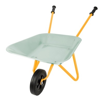 Carrinho de mão metálico cinza claro com estrutura amarela e uma roda preta