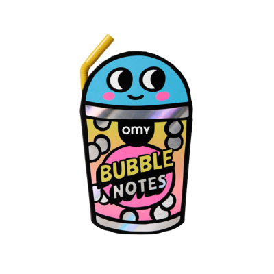 Copo cartoon azul com canudo amarelo e texto BUBBLE NOTES