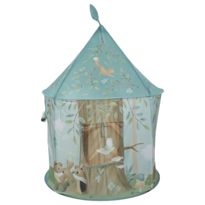 Tenda infantil azul com design de casinha na árvore e animais desenhados.