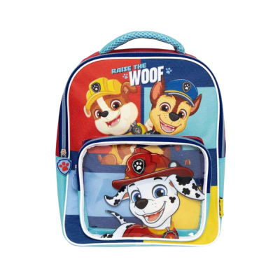 Mochila infantil azul, vermelha e amarela com personagens e texto 'RAISE THE WOOF'
