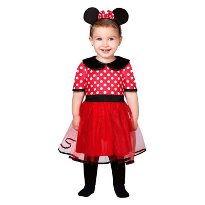 Vestido infantil vermelho com bolinhas brancas e tiara com orelhas e laço