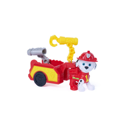 Boneco de cão bombeiro com carrinho de brinquedo vermelho e amarelo