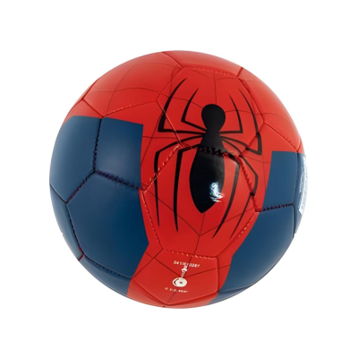 Bola de futebol vermelha e azul com desenho de aranha preta