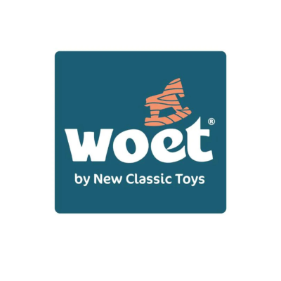 Logótipo com texto woet by New Classic Toys em fundo azul