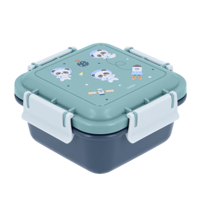 Recipiente para alimentos quadrado azul com decoração espacial e fechos brancos