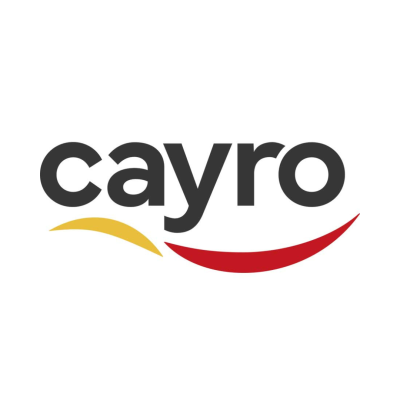 Logótipo com a palavra cayro em preto e riscos amarelo e vermelho curvos em fundo branco