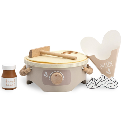 Brinquedo de cozinha com frigideira, garrafa, embalagem de papel e peças decorativas de chantilly