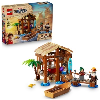 Conjunto LEGO ONE PIECE com cabana, barco, mini-figuras e acessórios em cenário de praia.