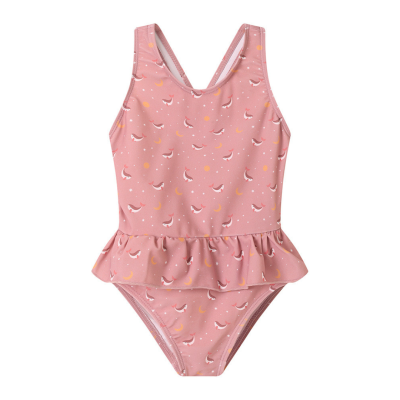 Fato de banho rosa para criança com padrão de golfinhos e detalhes amarelos
