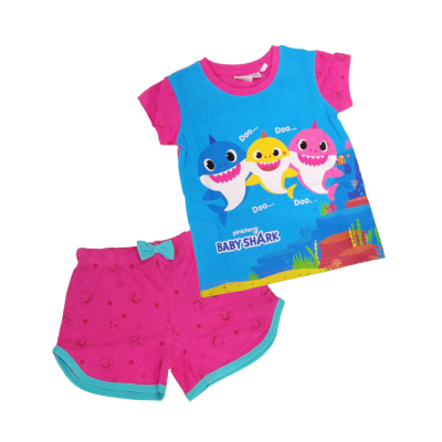 Conjunto criança t-shirt azul rosa com tubarões e calções rosa com padrão círculos
