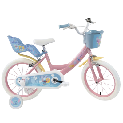 Bicicleta infantil rosa com cesto e banco azul decorados com personagem Stitch