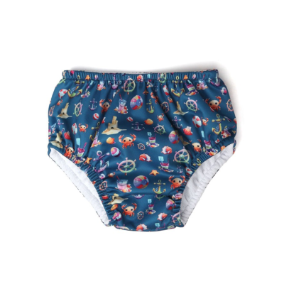 Cueca de banho para bebé azul com padrão náutico colorido