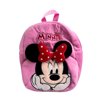 Mochila rosa com desenho da Minnie em relevo e laço vermelho às bolinhas
