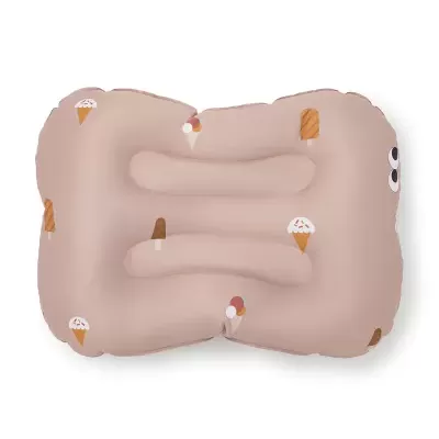 Colchão insuflável rosa claro com estampado de gelados e olhos numa extremidade