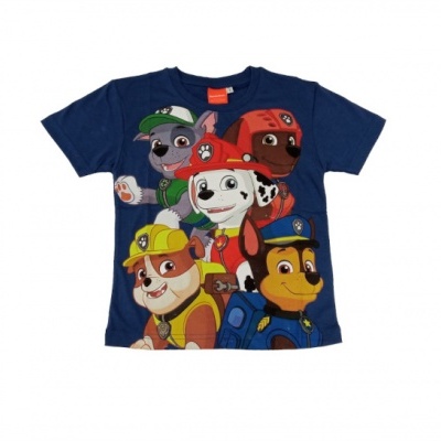 T-shirt infantil azul com personagens caninos coloridos estampados