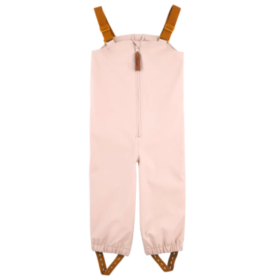 Macacão impermeável infantil rosa com alças castanhas