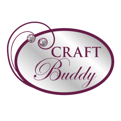 Logotipo oval prateado com texto CRAFT Buddy e elementos decorativos roxos