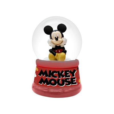 Globo de neve com boneco de Mickey Mouse e base vermelha com texto MICKEY MOUSE