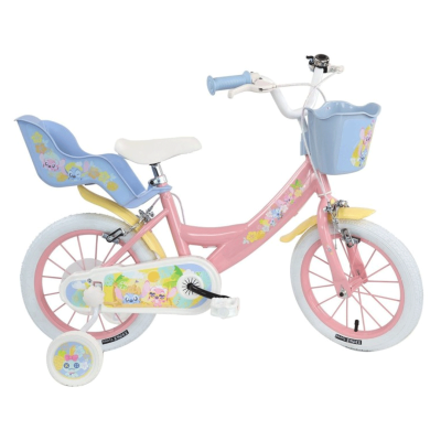 Bicicleta infantil rosa com rodas brancas e assento para boneca azul