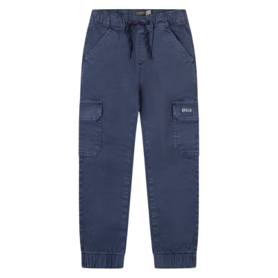 Calças azuis com bolsos e cintura elástica