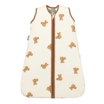 Saco de dormir para bebé creme com padrão de ursinhos castanhos e fecho castanho