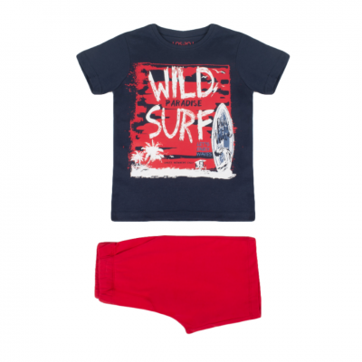 Conjunto infantil t-shirt azul escura com estampa e bermuda vermelha