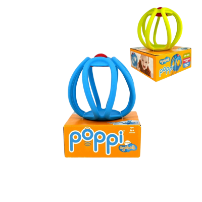 Brinquedo POPPI esfera azul e amarela em caixa laranja