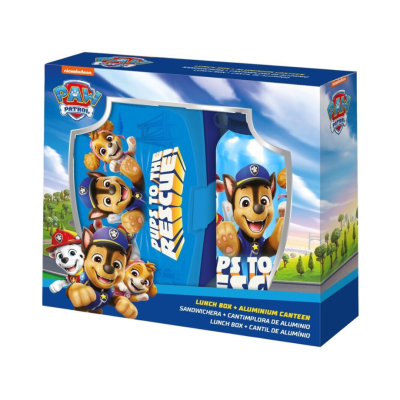 Conjunto PAW Patrol com lancheira azul e cantil de alumínio com personagens, em caixa de embalagem colorida.